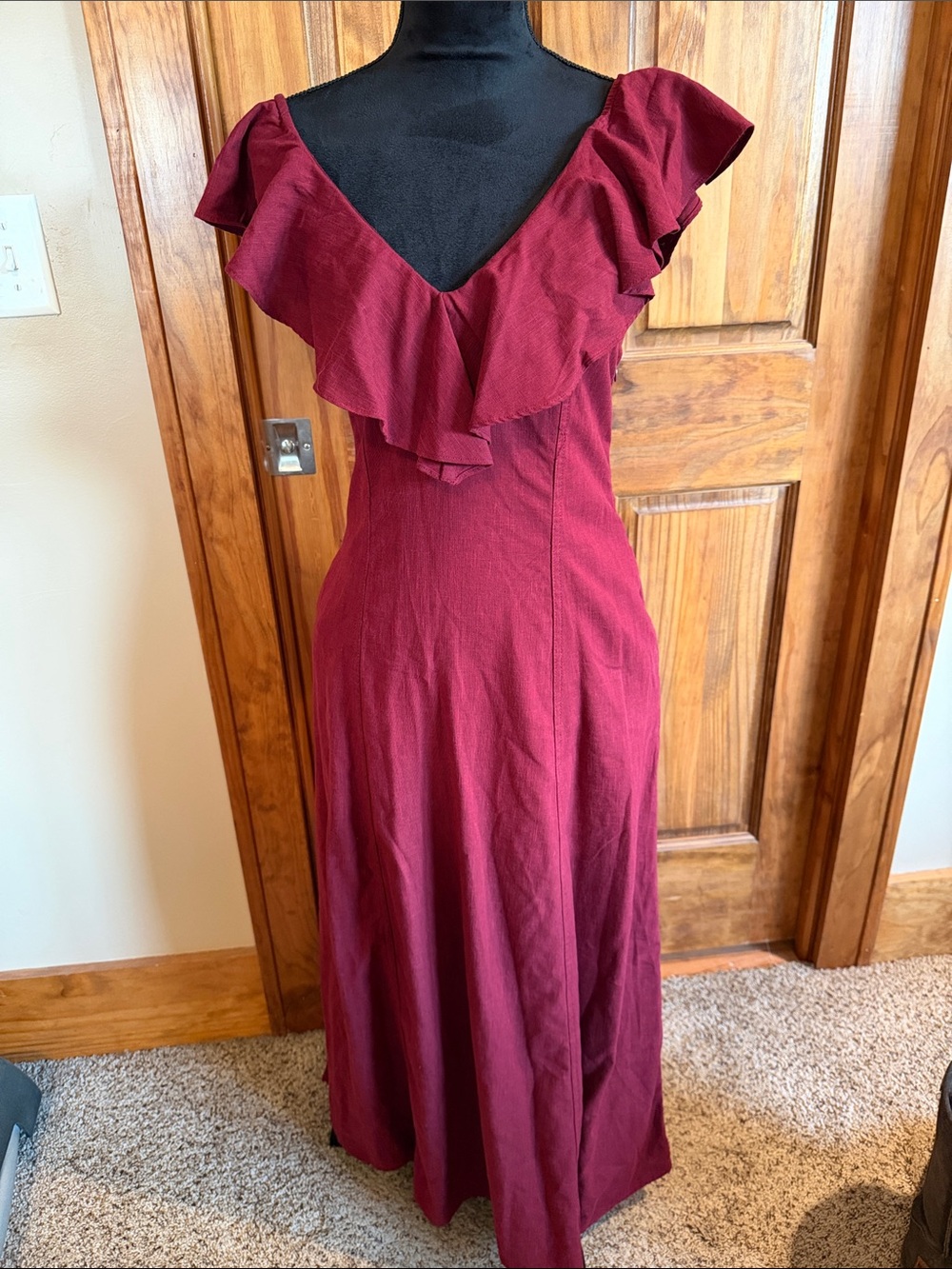 Universal Thread Burgundy V-Neck Ruffle Maxi Dress